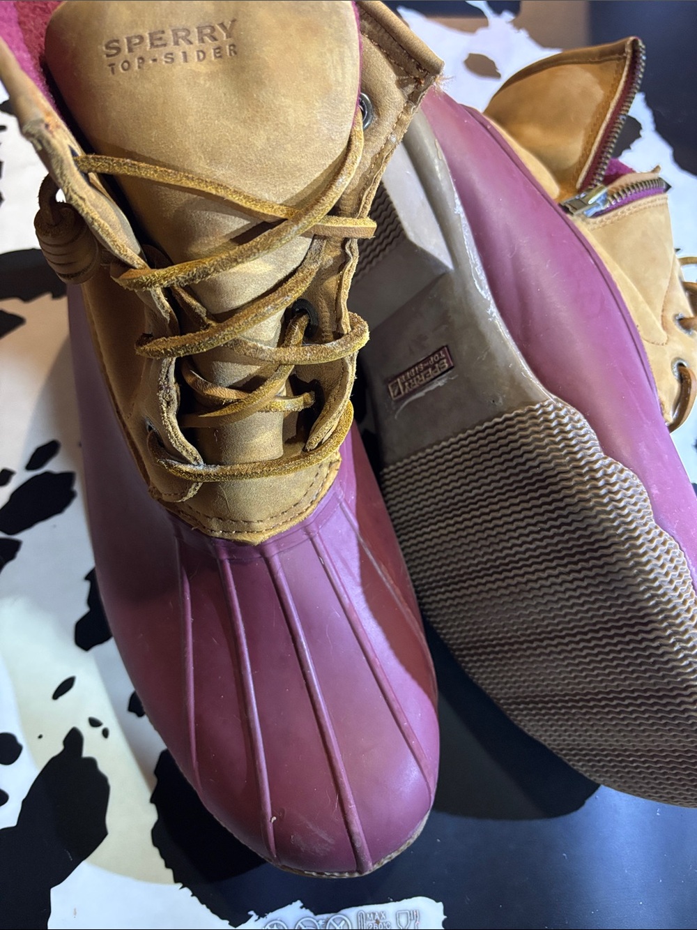 Sperry Two-Tone Duck Boots in Berry and Tan